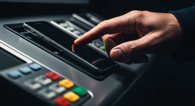 A person's hand interacts with a smartphone at a payment terminal, indicating a seamless fusion of technology and daily activities in the modern era.