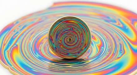 A mesmerizing macro photograph of a colorful swirling pin resting in a vibrant iridescent liquid, creating hypnotic rainbow ripples on a white background
