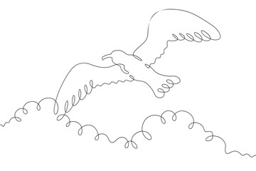 Continuous single line drawing flying seagull in the sky.Bird in flight.  Linear . One continuous line isolated minimalist illustration. Not AI.