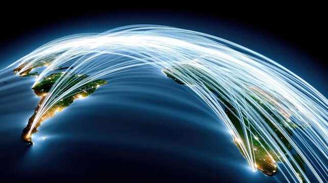 An abstract visualization of global network connections and data transfer, depicted as glowing light trails spanning across South America at night, symbolizing