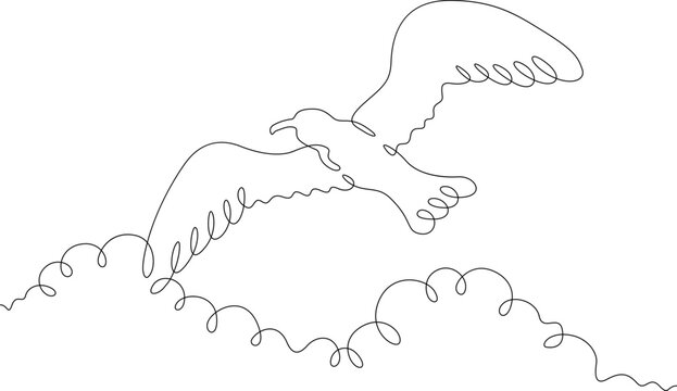 Continuous single line drawing flying seagull in the sky.Bird in flight.  Linear . One continuous line isolated minimalist illustration. Not AI.