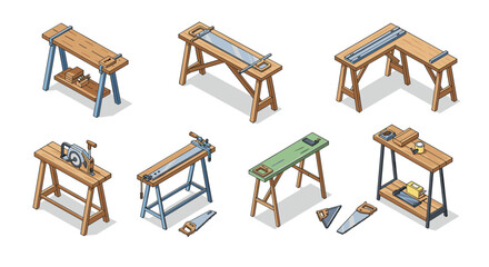 Isometric workbenches: diverse hand tool and saw horse collection for carpentry projects