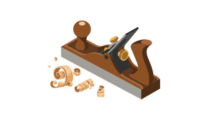 Realistic woodworking plane with shavings on white background
