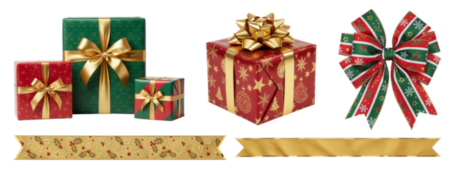 Christmas gift boxes with gold ribbons, festive bows, and decorative holiday bands isolated on transparent background.