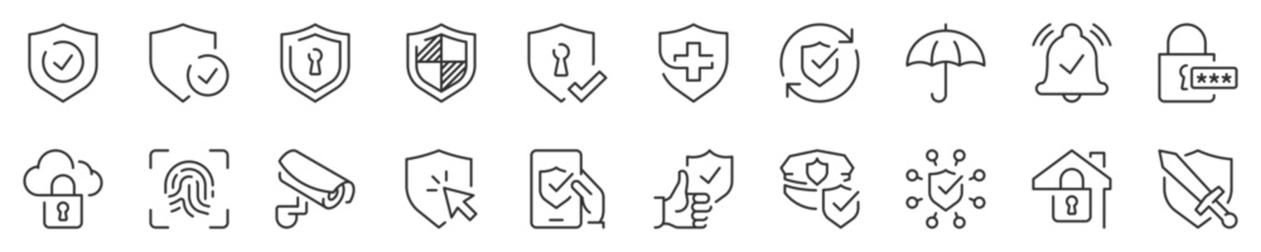 Protection concepts, thin line icon set. Symbol collection in transparent background. Editable vector stroke. 512x512 Pixel Perfect.
