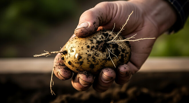 Freshly Harvested Potato Held in a Gardeners Hand.