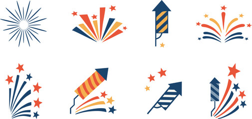 Firework icons, new year celebration symbol: rocket, starburst explosion, and sparkles.