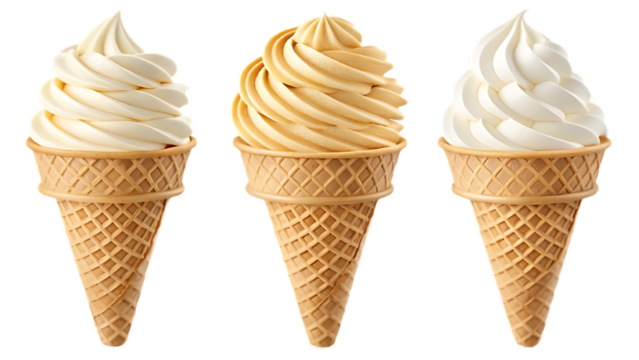 A set of vanilla ice cream swirls in classic waffle cones, isolated on a transparent background, creamy texture, ultra realistic detail, clean PNG for easy use.