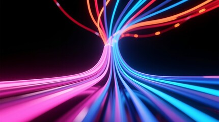 Vibrant futuristic neon light trails converging in dynamic flow across dark background