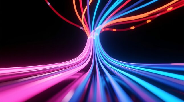 Vibrant futuristic neon light trails converging in dynamic flow across dark background
