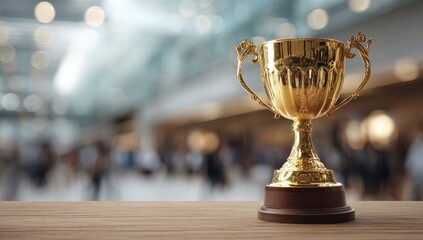 Golden trophy gleams against blurred, busy interior scene