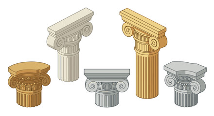 Naklejka premium Classical architecture capitals in isometric style - doric, ionic, corinthian designs
