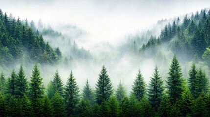 A panoramic view of a dense evergreen forest shrouded in mist, with rolling hills receding into the distance under a soft, overcast sky.