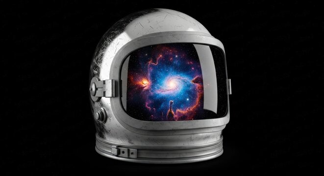 Astronaut helmet displaying a vibrant spiral galaxy in its reflective visor on a deep space