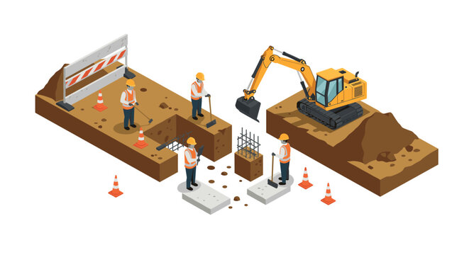 Isometric construction site with workers and excavator in action