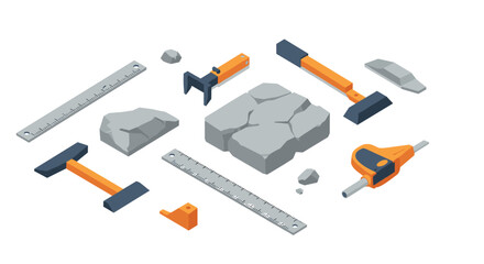 Isometric construction tools and stone set for engineering and building projects
