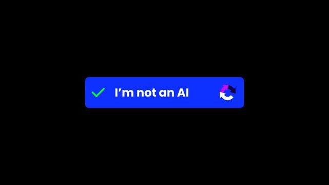 Animated parody CAPTCHA checkbox with text &ldquo;I am not AI&rdquo; and verification icon, representing identity, authenticity, digital trust and humor, designed for transparent background use.