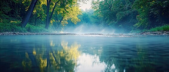 A serene river flows through a misty forest at sunrise, with trees reflecting on the calm water and soft sunlight filtering through the mist.