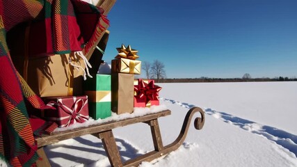 Festive sledge journey through snowy landscape with wrapped holiday gifts and cozy blanket - Powered by Adobe