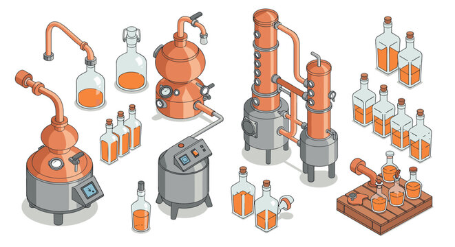 Isometric distillery equipment with glass bottles on white background