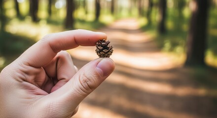 Hand holding a tiny pinecone in a forest with a blurred path