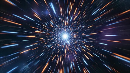 High energy star burst with dynamic blue and orange streaks radiates against sleek black background, perfectly capturing the concept of forward thinking innovation, technological advancement.