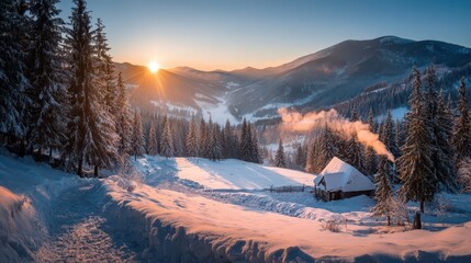 Orange Winter Glow Over Snowy Carpathian Mountains, Ukraine