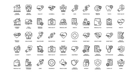 Health insurance icon set collection. Containing mental, nursing, anatomy, beat, charity, personal, stethoscope .Line vector icons collection