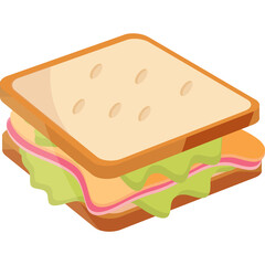 Isolated Delicious Ham and Cheese Sandwich with Lettuce and Tomato on White Bread Viewed from Above in Flat Isometric Style