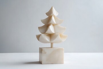 A smooth alabaster seasonal tree appearing atop a frosty pedestal arrangement.