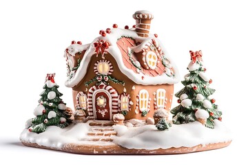 A cozy gingerbread home featuring icing trims and softly lit candy windows.