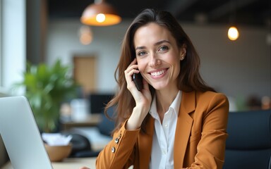 Middle age beautiful businesswoman smiling happy and confident. Sitting on chair working in a desk talking by smartphone at the office. High quality