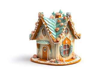 A delightful gingerbread cottage adorned with icing details and bright candy windows.