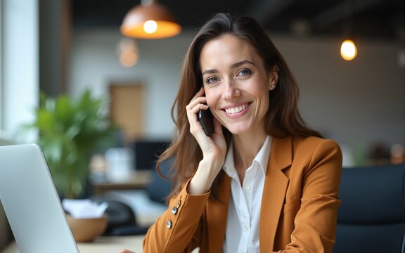 Middle age beautiful businesswoman smiling happy and confident. Sitting on chair working in a desk talking by smartphone at the office. High quality