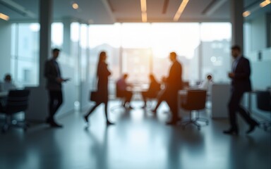 This photo captures a modern office space with several blurred figures of business professionals going about their work. The image conveys a sense of movement and activity within the workplace