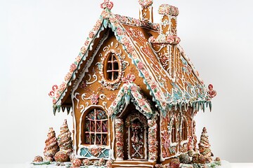 A delightful gingerbread cottage adorned with icing details and bright candy windows.