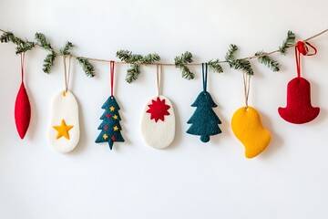 A festive felt garland adorned with small bells and decorative stitching.