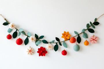 A handmade felt holiday garland featuring bells, thread accents, and cheerful shapes.