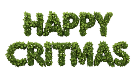 The word Happy Critmas formed from fresh green foliage, shaped like natural bushy letters, isolated on a transparent background, ultra realistic detail, clean PNG for easy integration.