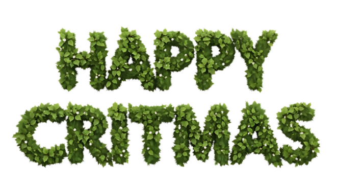 The word Happy Critmas formed from fresh green foliage, shaped like natural bushy letters, isolated on a transparent background, ultra realistic detail, clean PNG for easy integration.