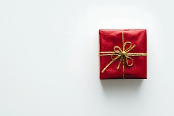 A shimmering red-wrapped Christmas box adorned with a metallic gold ribbon.