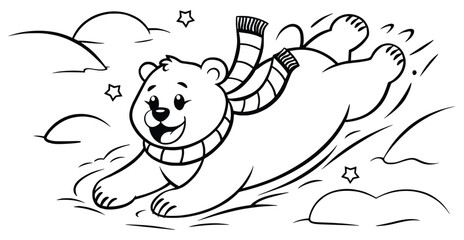 Playful Polar Bear Adventure: A cheerful illustration of a polar bear gleefully sliding through a snowy landscape, adorned with a cozy scarf, representing winter fun and the joy of play.