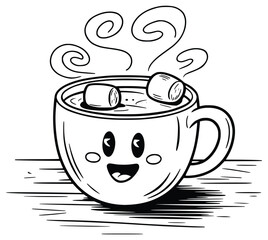 Cozy Cocoa Delight: A charming illustration depicts a steaming cup of hot cocoa, adorned with marshmallows and a cheerful face, evoking feelings of warmth and comfort.