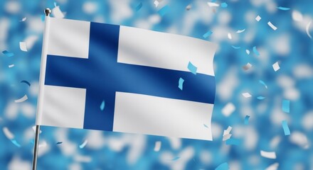 Finland national flag waving gracefully with celebratory confetti falling around. Representation of patriotism and national pride for independence day.