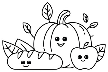 Harvest Delight: An outline drawing of a cheerful pumpkin, apple, and loaf of bread, radiating the warmth of the harvest season. A simple yet inviting image