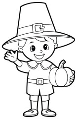 Thanksgiving Pilgrim Welcomes: A cheerful pilgrim boy, in traditional attire, joyfully holds a pumpkin and waves, embodying the spirit of gratitude and welcoming autumn.