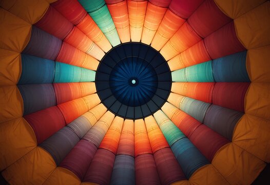 vibrantly colored interior of a hot air balloon canopy with radiating patterns of fabric segments - Powered by Adobe