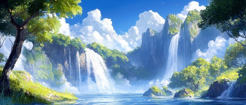 A breathtaking landscape featuring multiple waterfalls flowing down verdant, rocky mountains. The scene is bathed in bright daylight, with a clear blue sky and - Powered by Adobe