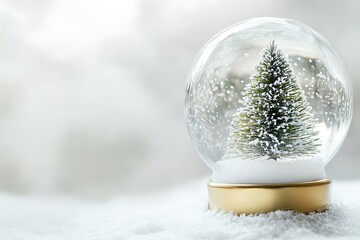 A glass snow globe containing a small festive tree and drifting snowflakes.