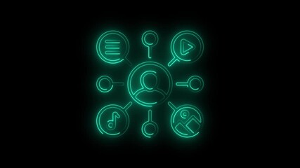 cyan neon glowing network of digital icons on a black background, representing interconnected online services, user experience, social media, and modern technology concept - Powered by Adobe